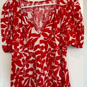 LOFT Red and White Floral Blouse